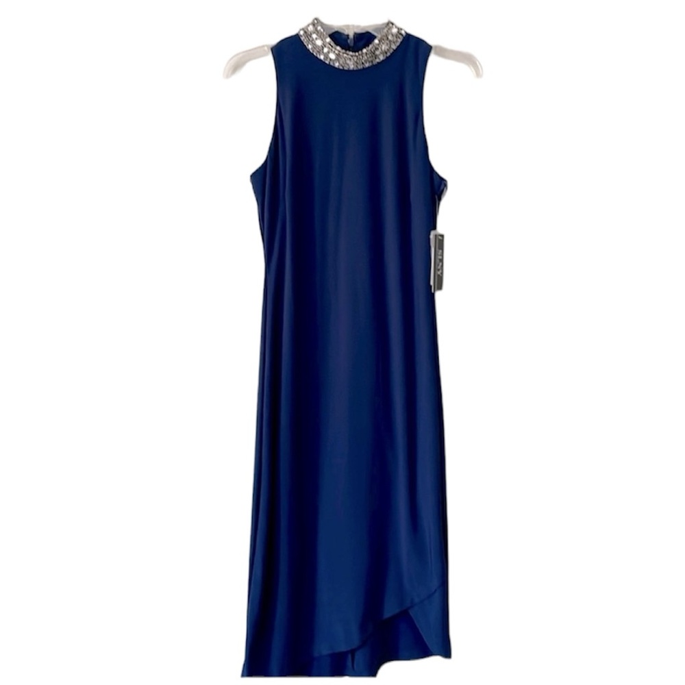 SLNY beaded high neck bodycon dress asymmetrical hem